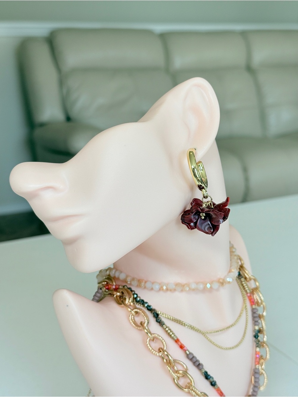 Trendy Gold Hoop Earrings with Burgundy Flower Charm